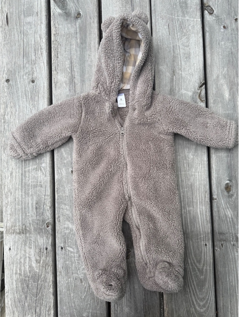 Carter’s Baby Sherpa Bunting Pram Suit 6M Gray Bear Hooded Fleece Footed